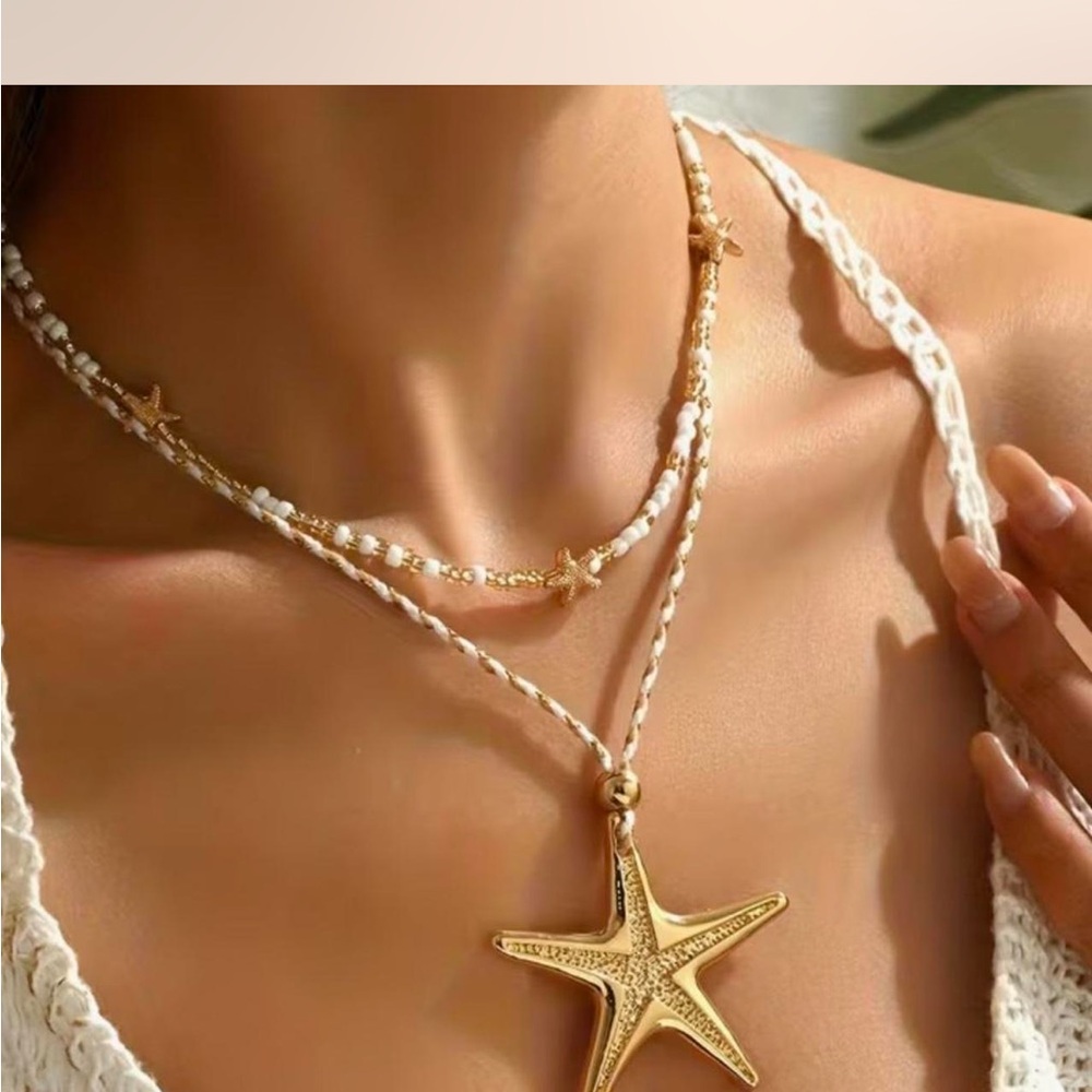 Gold Starfish Layered Necklace Set - Boho Beaded‎ Choker & Braided Cord Pendant